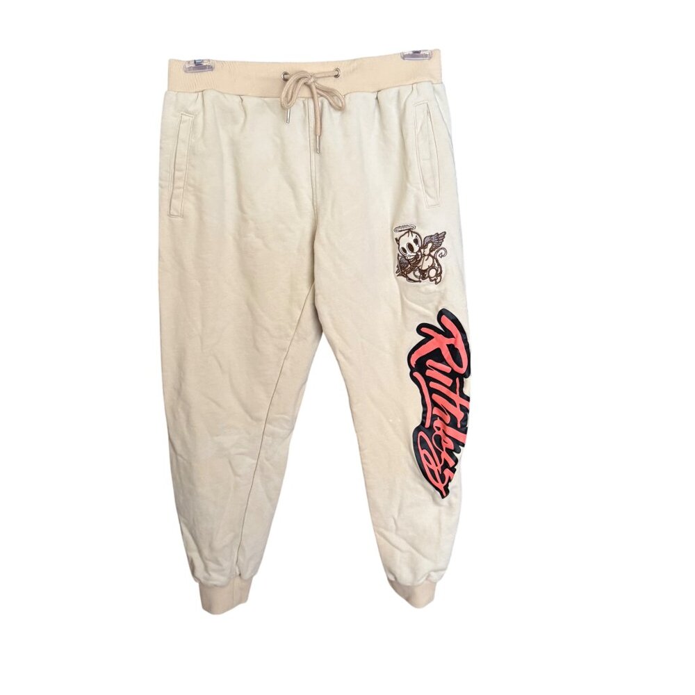Bkys Beige Fear Ends Sand Graphic Sweatpants With Embroidered Angel & Ruthless L